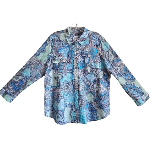 CHICO'S 3 Women's Petite 16P Shirt Blue Paisley Roll Up Tabs Cotton 44" - Picture 1 of 6